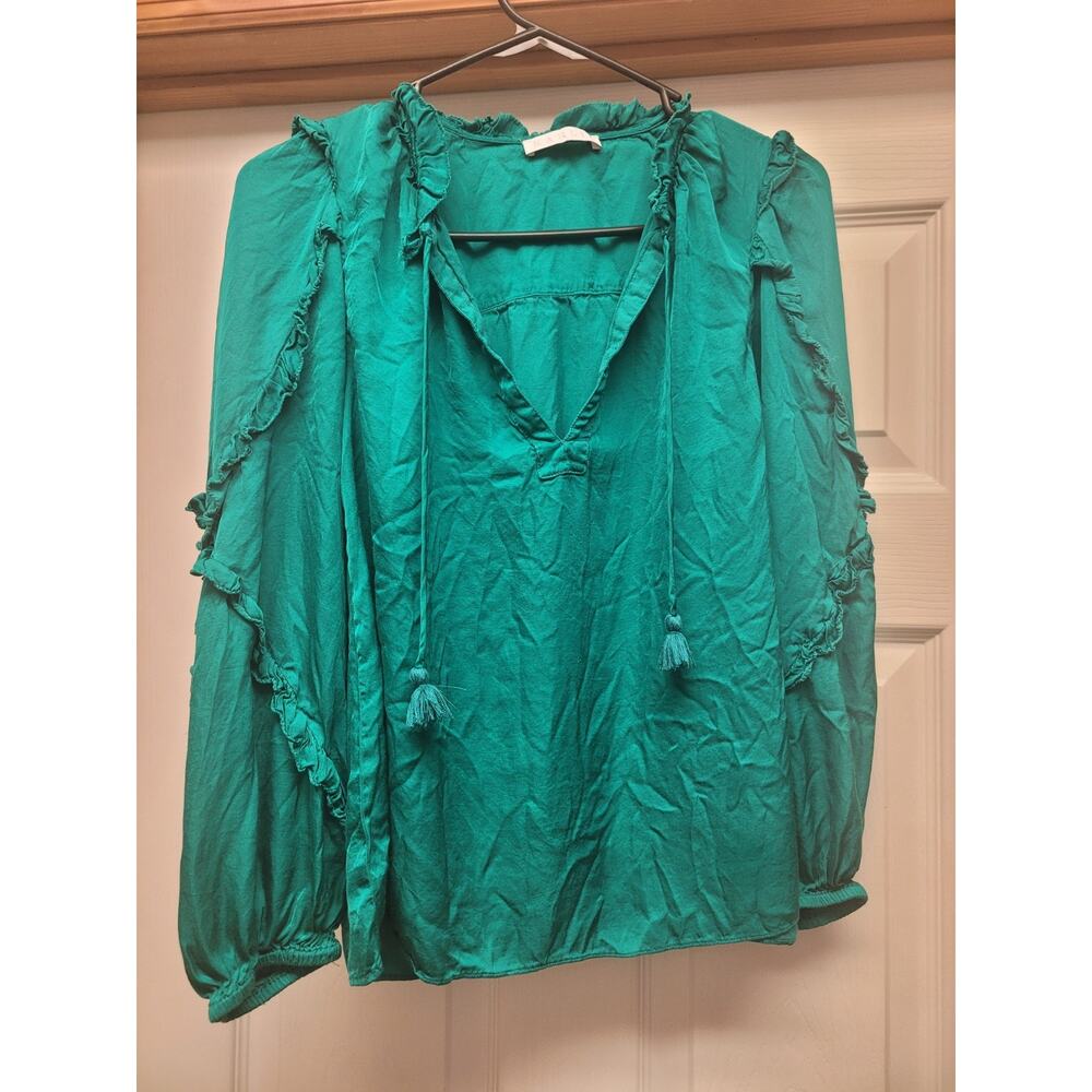 Karlie Teal Boho Peasant Blouse Ruffle Tassel Tie Flowy Long Sleeve Size M